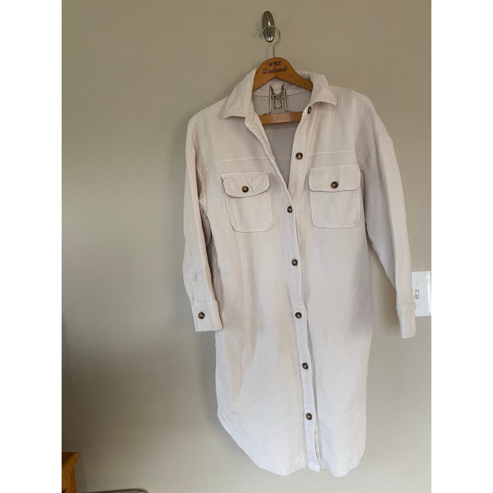 Anthropologie Pilcro Duster Shacket Sz S White Cream Ribbed Cotton Button Pocket